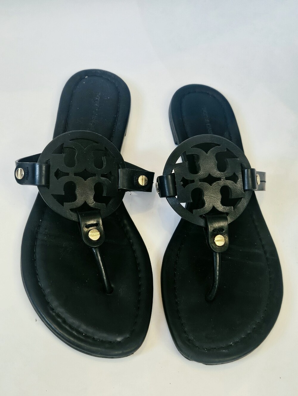 Tory Burch Miller Leather Flat Sandals   Size 7.5 Black
